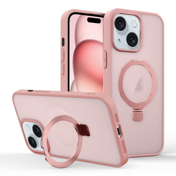 

For iPhone 15 Plus Skin-feel Ring MagSafe Holder Phone Case(Pink)