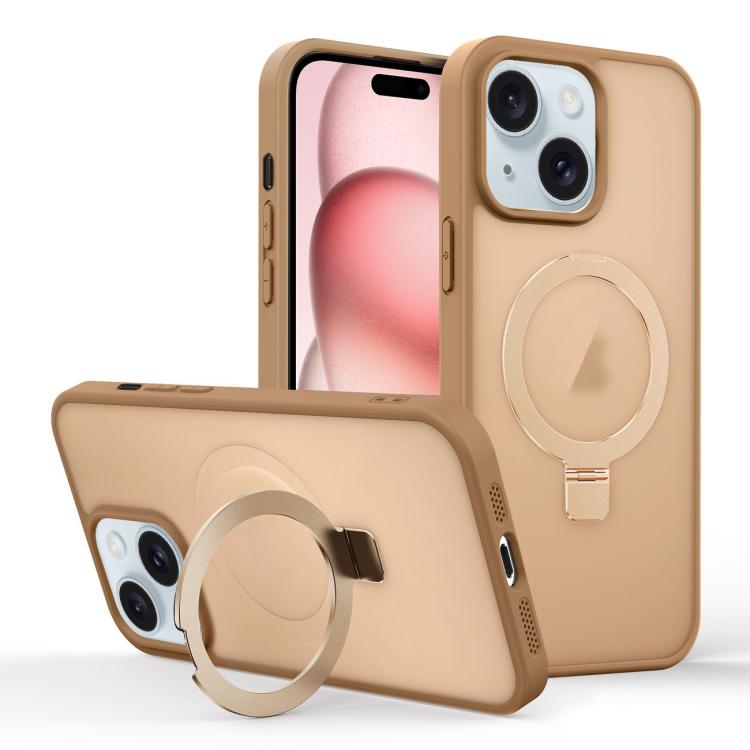 

For iPhone 15 Skin-feel Ring MagSafe Holder Phone Case(Desert Gold)