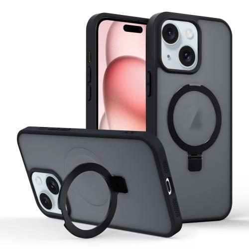 

For iPhone 15 Skin-feel Ring MagSafe Holder Phone Case(Black)