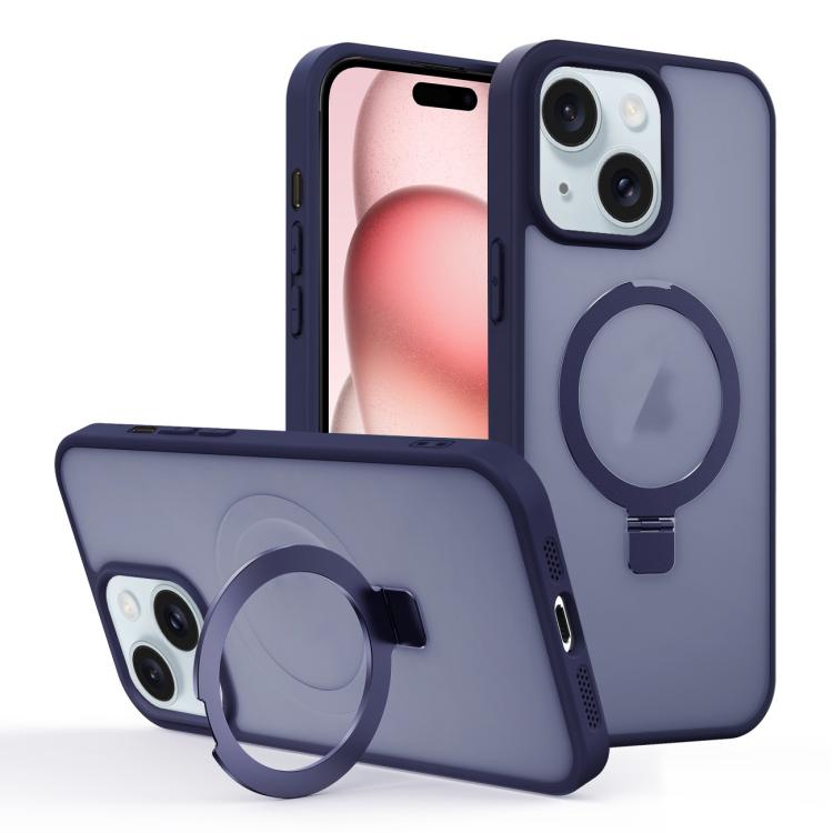 

For iPhone 15 Skin-feel Ring MagSafe Holder Phone Case(Dark Blue)