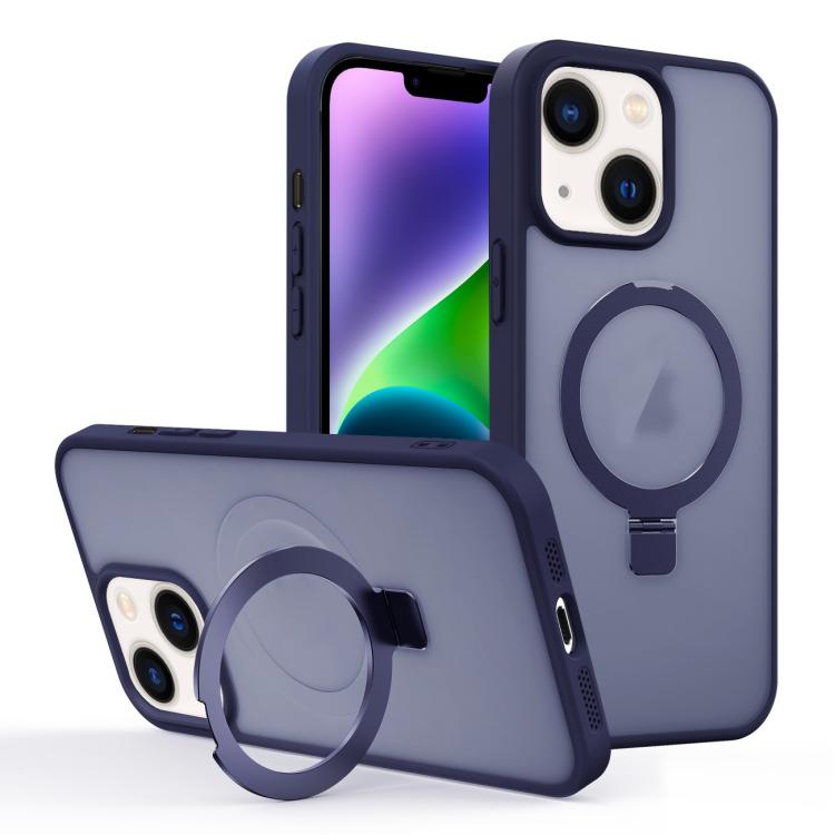 

For iPhone 14 Skin-feel Ring MagSafe Holder Phone Case(Dark Blue)