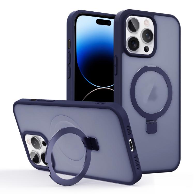 

For iPhone 14 Pro Max Skin-feel Ring MagSafe Holder Phone Case(Dark Blue)