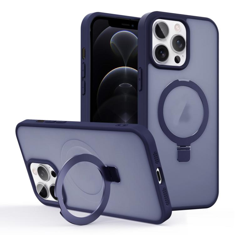 

For iPhone 12 Pro Skin-feel Ring MagSafe Holder Phone Case(Dark Blue)