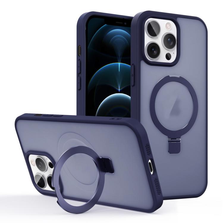 

For iPhone 12 Pro Max Skin-feel Ring MagSafe Holder Phone Case(Dark Blue)
