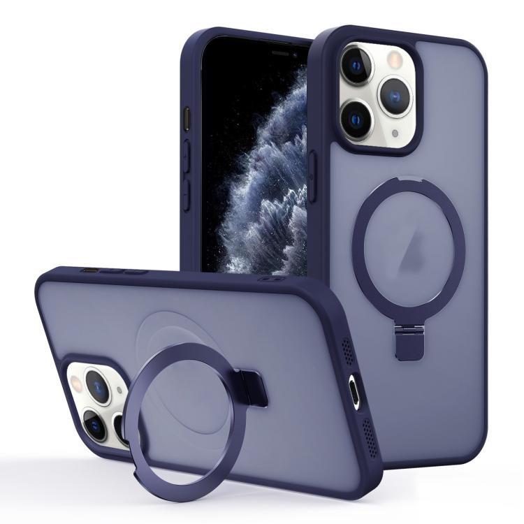 

For iPhone 11 Pro Skin-feel Ring MagSafe Holder Phone Case(Dark Blue)