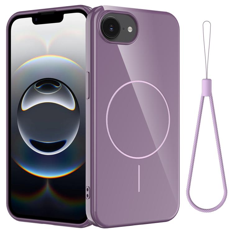 

For iPhone 16e Glossy TPU Shockproof MagSafe Phone Case with Lanyard(Purple)