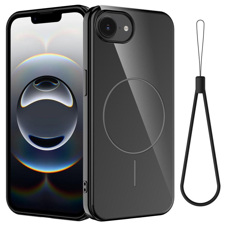 

For iPhone 16e Glossy TPU Shockproof MagSafe Phone Case with Lanyard(Black)