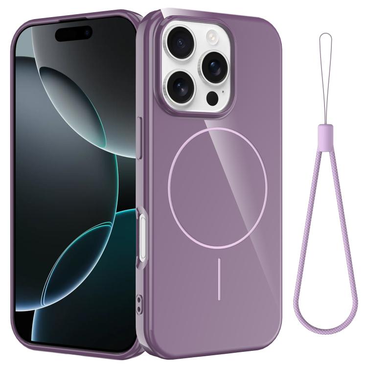

For iPhone 16 Pro Max Glossy TPU Shockproof MagSafe Phone Case with Lanyard(Purple)