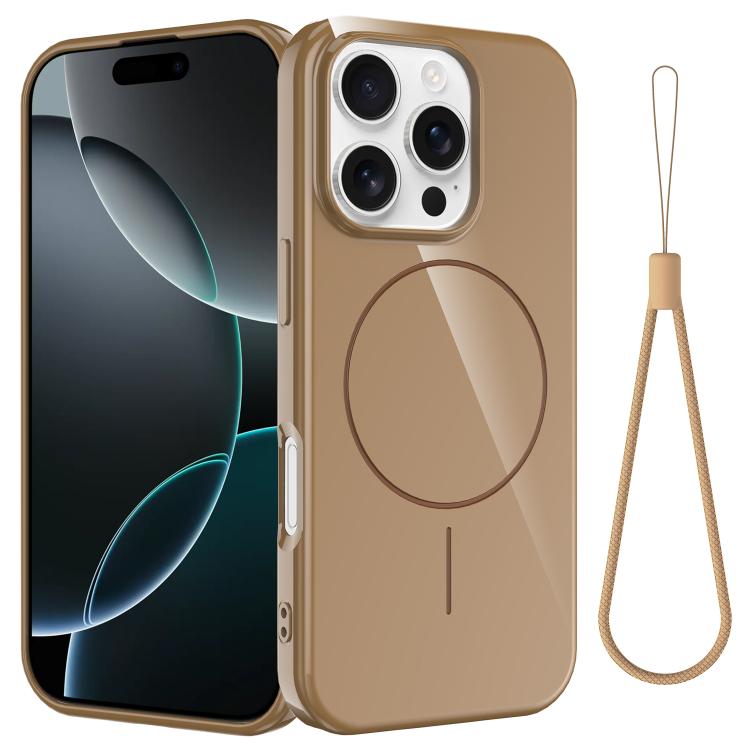 

For iPhone 16 Pro Glossy TPU Shockproof MagSafe Phone Case with Lanyard(Gold)