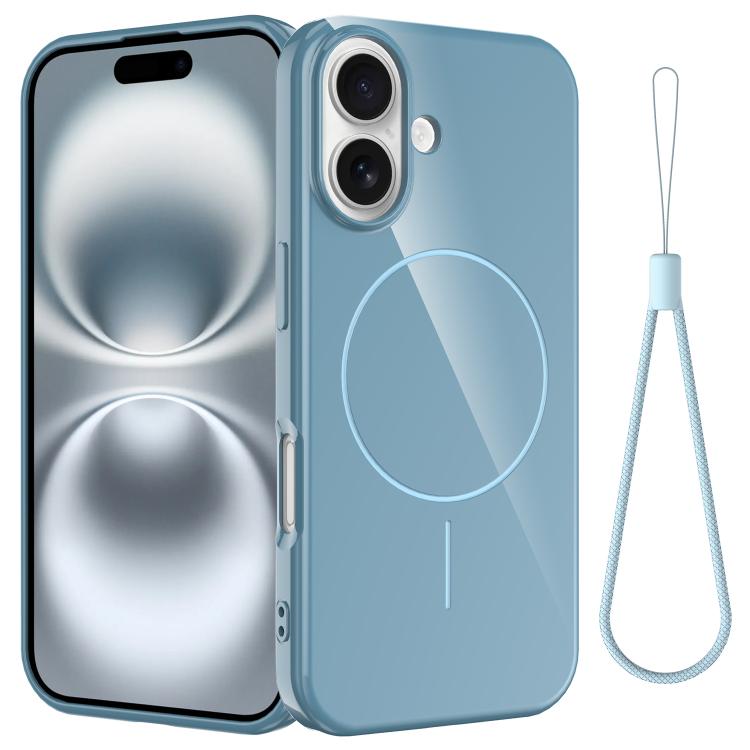 

For iPhone 16 Plus Glossy TPU Shockproof MagSafe Phone Case with Lanyard(Blue)