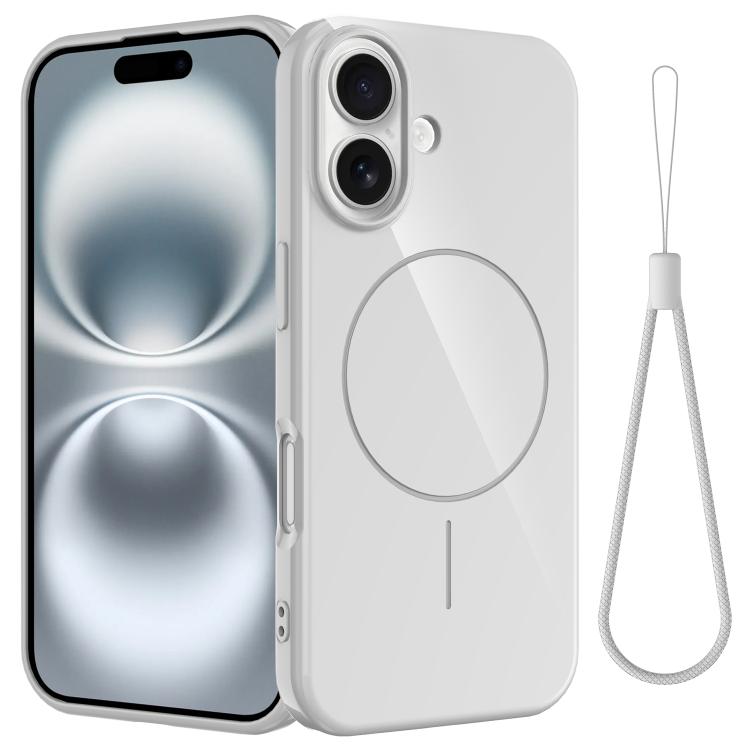 

For iPhone 16 Plus Glossy TPU Shockproof MagSafe Phone Case with Lanyard(White)