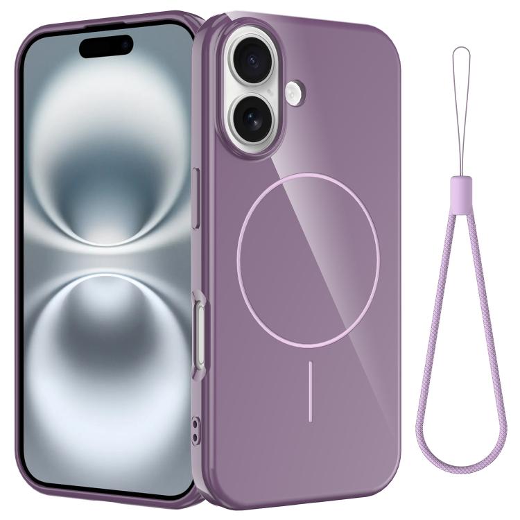 

For iPhone 16 Glossy TPU Shockproof MagSafe Phone Case with Lanyard(Purple)