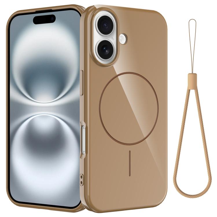 

For iPhone 16 Glossy TPU Shockproof MagSafe Phone Case with Lanyard(Gold)