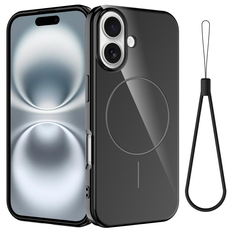 

For iPhone 16 Glossy TPU Shockproof MagSafe Phone Case with Lanyard(Black)