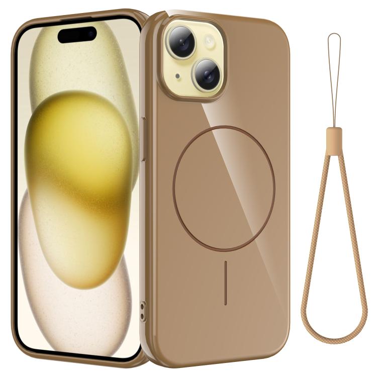 

For iPhone 15 Plus Glossy TPU Shockproof MagSafe Phone Case with Lanyard(Gold)