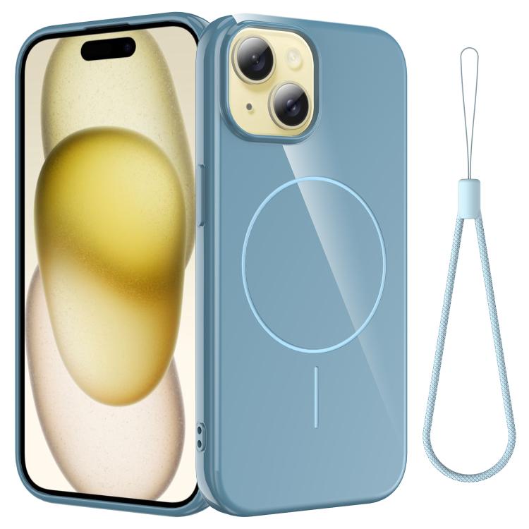 

For iPhone 15 Glossy TPU Shockproof MagSafe Phone Case with Lanyard(Blue)