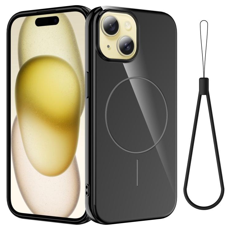 

For iPhone 15 Glossy TPU Shockproof MagSafe Phone Case with Lanyard(Black)
