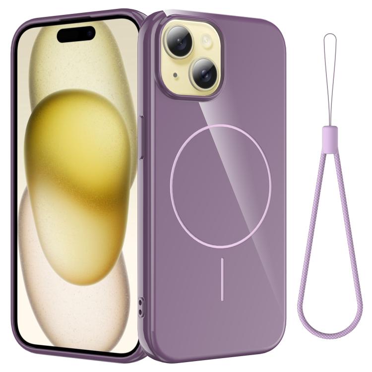 

For iPhone 14 Glossy TPU Shockproof MagSafe Phone Case with Lanyard(Purple)