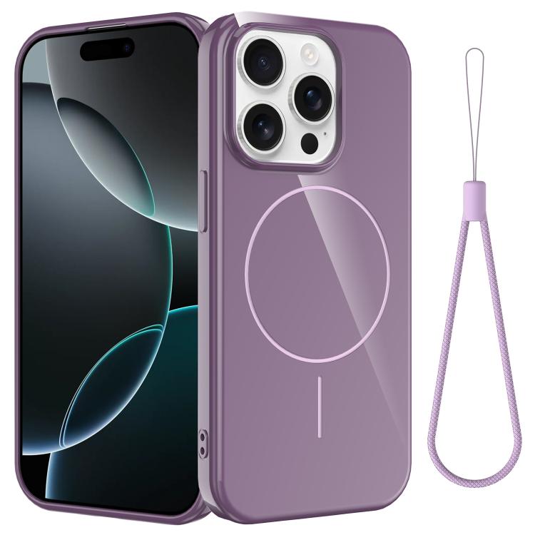 

For iPhone 14 Pro Glossy TPU Shockproof MagSafe Phone Case with Lanyard(Purple)