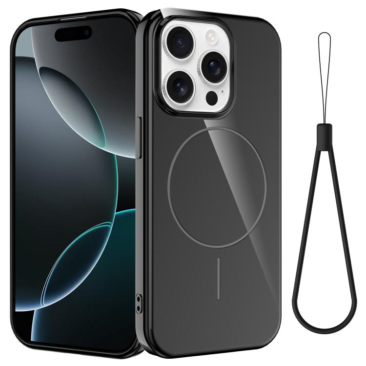 

For iPhone 14 Pro Glossy TPU Shockproof MagSafe Phone Case with Lanyard(Black)