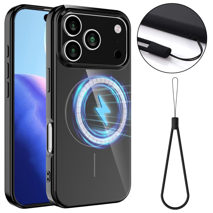 

For iPhone 17 Pro Glossy TPU Shockproof MagSafe Phone Case with Lanyard(Black)