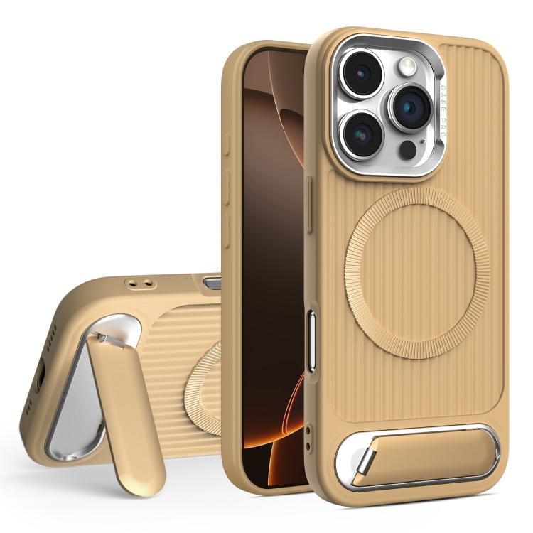 

For iPhone 16 Pro Vertical Lines Invisible Flat Holder MagSafe Phone Case(Gold)