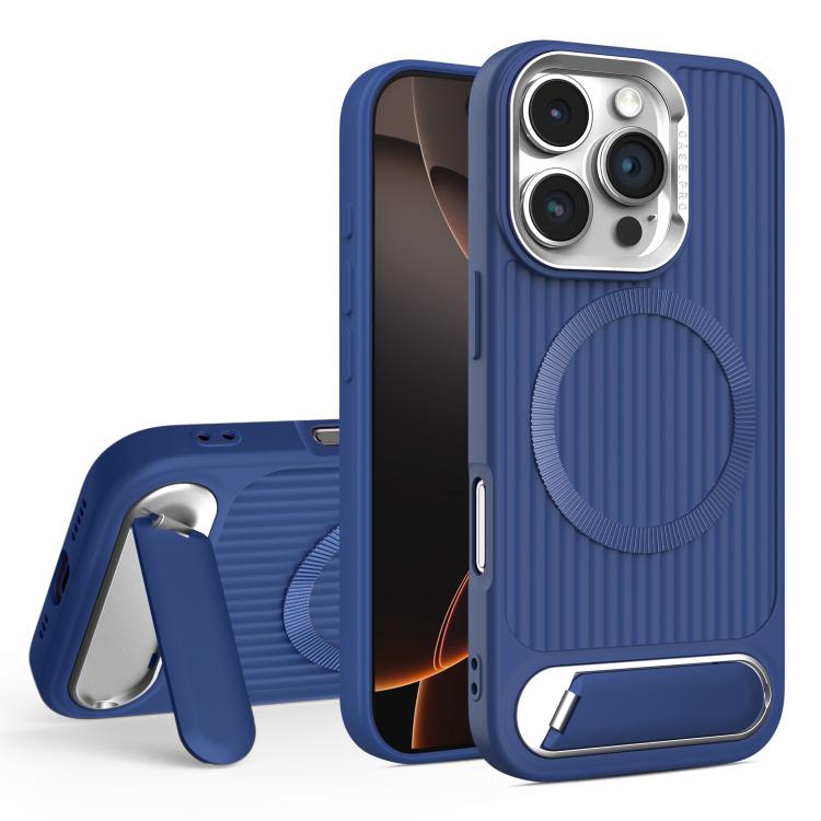 

For iPhone 16 Pro Vertical Lines Invisible Flat Holder MagSafe Phone Case(Blue)