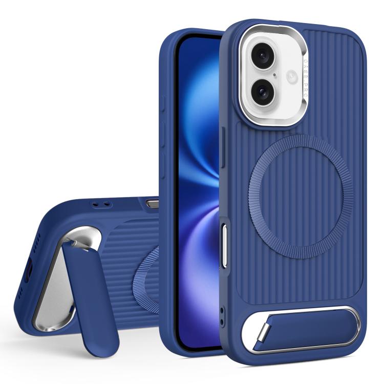 

For iPhone 16 Plus Vertical Lines Invisible Flat Holder MagSafe Phone Case(Blue)