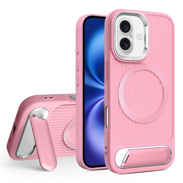 

For iPhone 16 Vertical Lines Invisible Flat Holder MagSafe Phone Case(Pink)