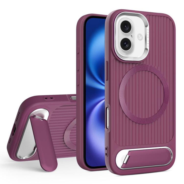 

For iPhone 16 Vertical Lines Invisible Flat Holder MagSafe Phone Case(Wine Red)