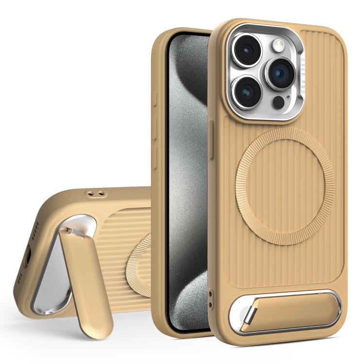 

For iPhone 15 Pro Max Vertical Lines Invisible Flat Holder MagSafe Phone Case(Gold)