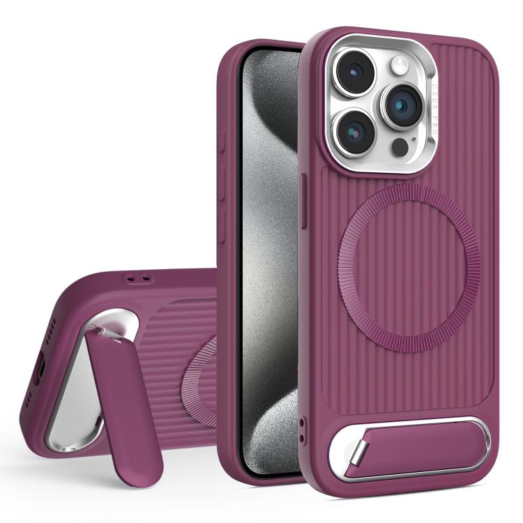 

For iPhone 15 Pro Max Vertical Lines Invisible Flat Holder MagSafe Phone Case(Wine Red)