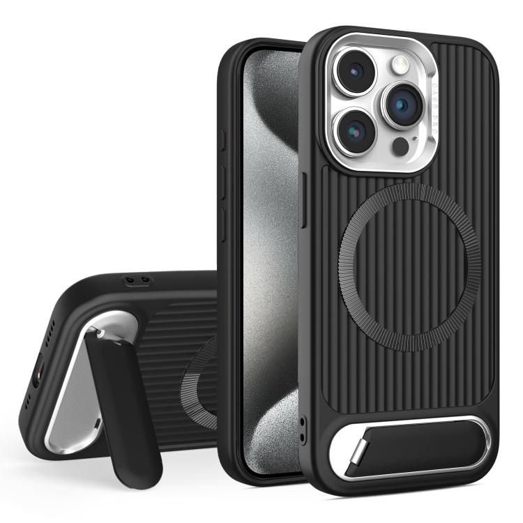 

For iPhone 15 Pro Vertical Lines Invisible Flat Holder MagSafe Phone Case(Black)