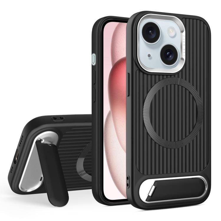 

For iPhone 15 Plus Vertical Lines Invisible Flat Holder MagSafe Phone Case(Black)