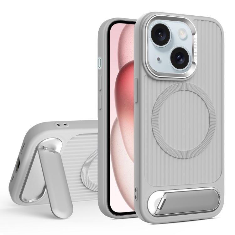 

For iPhone 15 Plus Vertical Lines Invisible Flat Holder MagSafe Phone Case(Grey)