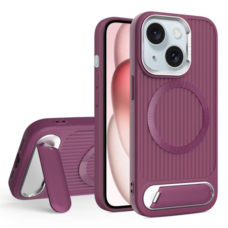 

For iPhone 15 Vertical Lines Invisible Flat Holder MagSafe Phone Case(Wine Red)