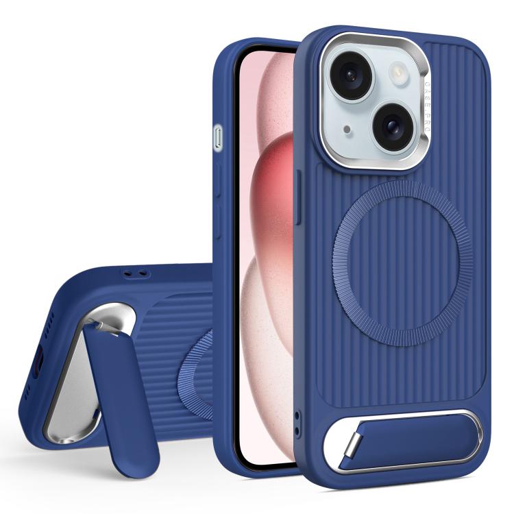 

For iPhone 15 Vertical Lines Invisible Flat Holder MagSafe Phone Case(Blue)