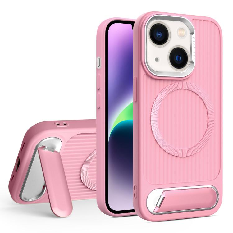 

For iPhone 14 Plus Vertical Lines Invisible Flat Holder MagSafe Phone Case(Pink)