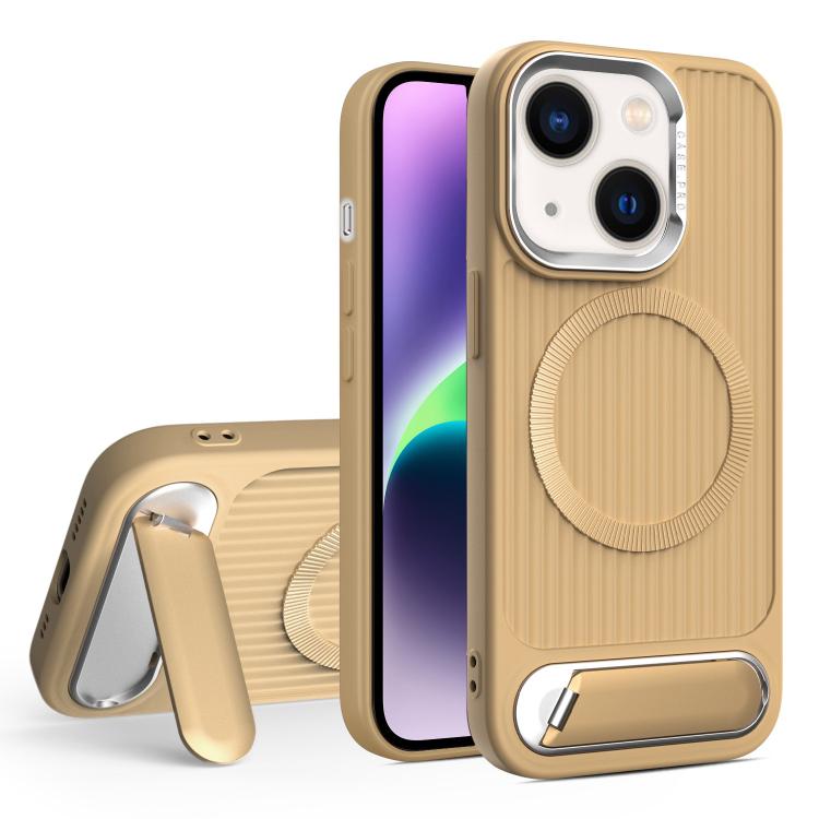 

For iPhone 14 Vertical Lines Invisible Flat Holder MagSafe Phone Case(Gold)