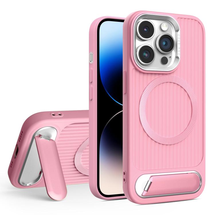 

For iPhone 14 Pro Vertical Lines Invisible Flat Holder MagSafe Phone Case(Pink)
