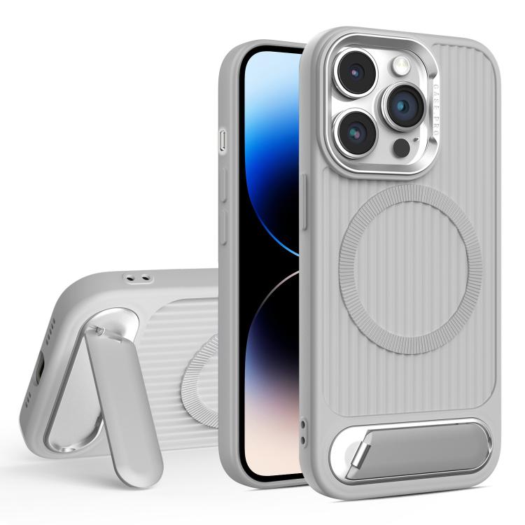 

For iPhone 14 Pro Vertical Lines Invisible Flat Holder MagSafe Phone Case(Grey)