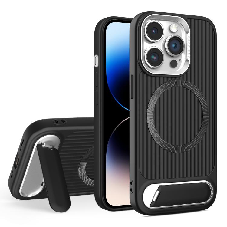 

For iPhone 14 Pro Max Vertical Lines Invisible Flat Holder MagSafe Phone Case(Black)