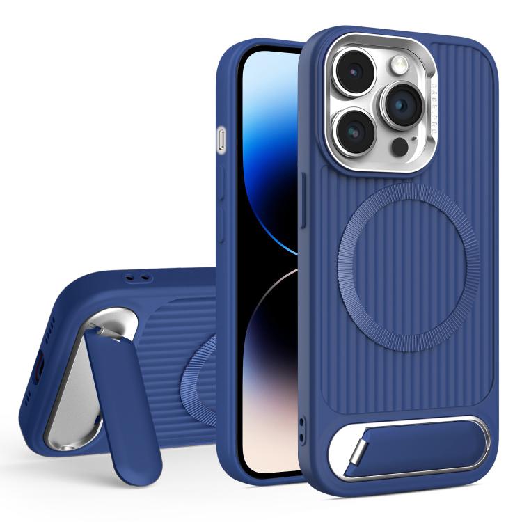 

For iPhone 14 Pro Max Vertical Lines Invisible Flat Holder MagSafe Phone Case(Blue)
