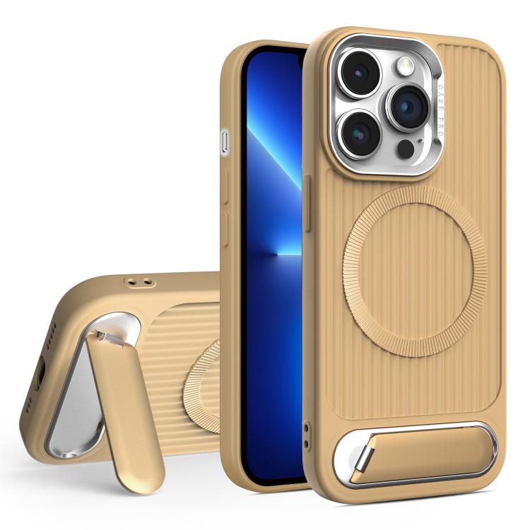 

For iPhone 13 Pro Vertical Lines Invisible Flat Holder MagSafe Phone Case(Gold)