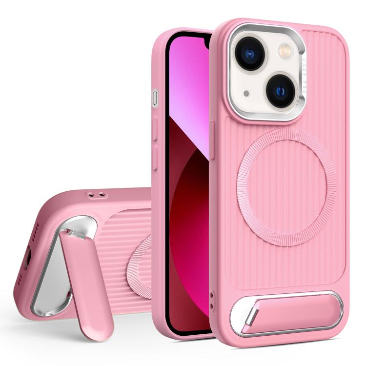 

For iPhone 13 Vertical Lines Invisible Flat Holder MagSafe Phone Case(Pink)