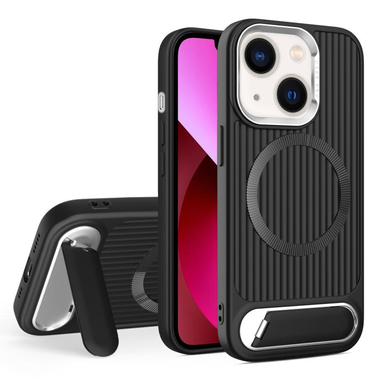 

For iPhone 13 Vertical Lines Invisible Flat Holder MagSafe Phone Case(Black)