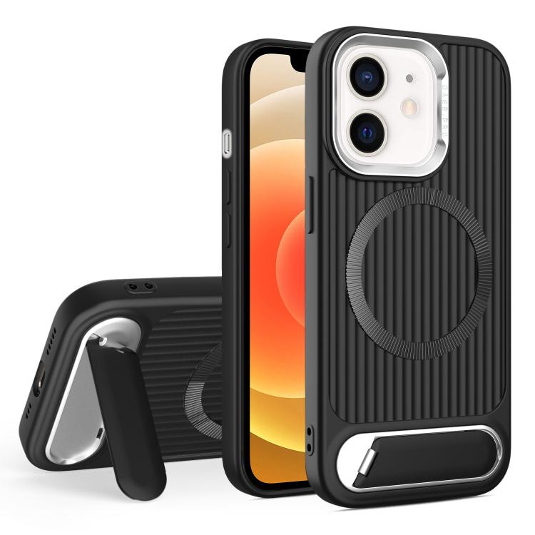 

For iPhone 12 Vertical Lines Invisible Flat Holder MagSafe Phone Case(Black)