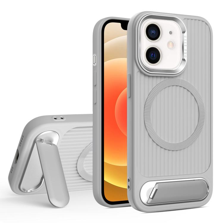 

For iPhone 12 Vertical Lines Invisible Flat Holder MagSafe Phone Case(Grey)