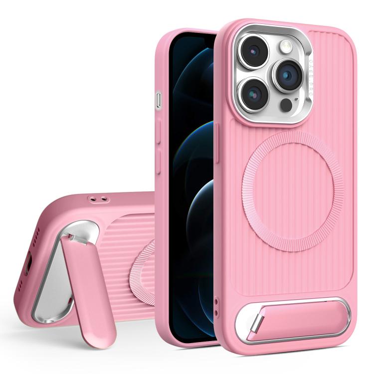

For iPhone 12 Pro Max Vertical Lines Invisible Flat Holder MagSafe Phone Case(Pink)