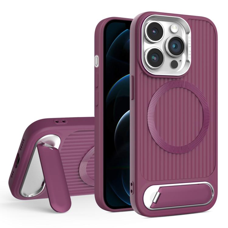 

For iPhone 12 Pro Max Vertical Lines Invisible Flat Holder MagSafe Phone Case(Wine Red)
